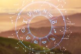 Fototapeta Panele - Zodiac signs big horoscope circle on landscape