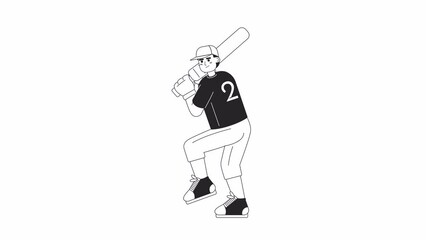 Poster - Animated bw baseball player bat. Young caucasian male batter in batting stance isolated 2D animation. Cartoon monochrome thin line character 4K video footage, alpha channel transparency for web design