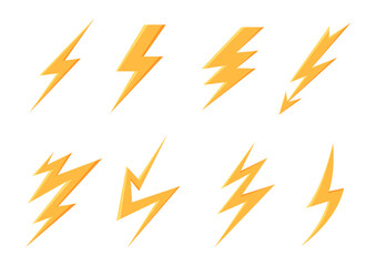 Yellow lightning icons set. Warning symbols. Danger and alarm. Electricity and voltage, power, energy. Symbol of speed and strength. Cartoon flat vector collection isolated on white background