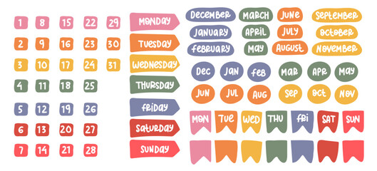 A set of elements with inscriptions of days of weeks full and abbreviated version. Icons of the days of the week. A set of calendar icons for every day of the week in a fashionable flat style