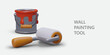 © ArtHub02 - Realistic 3d bucket with red paint and roller. Web poster for hardware store concept and place for text. Wall paint tool concept. Colorful vector illustration in cartoon style