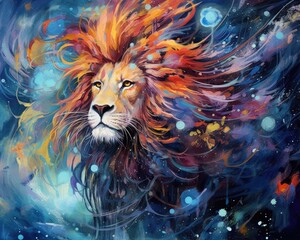 Poster - Lion predator animals wildlife painting. Lion is the king of animals. The constellation of Leo is a sign of the leaders. A strong spirit, strong body, strong will. Fantasy art of a lion