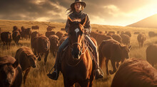 Woman Farmer Riding A Horse With A Herd Of Cows As A Background, Ai Tools Generated Image