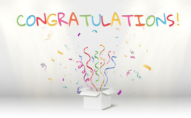 Poster - Congratulatory banner with colored confetti and stars on a transparent background.Vector illustration.	
