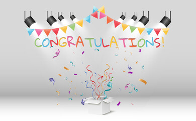 Poster - Congratulatory banner with colored confetti and stars on a transparent background.Vector illustration.	
