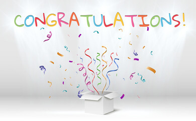 Poster - Congratulatory banner with colored confetti and stars on a transparent background.Vector illustration.	
