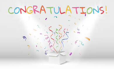 Poster - Congratulatory banner with colored confetti and stars on a transparent background.Vector illustration.	
