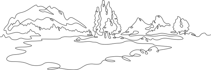 Wall Mural - The most beautiful landscape. Wild nature. Wonderful lakes. High mountains. Vast forests. One continuous line. Linear.One continuous line drawn isolated, white background.