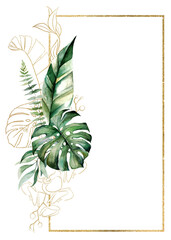 Wall Mural - Frame made with green and golden watercolor tropical leaves, isolated wedding illustration