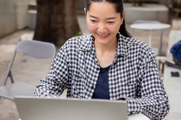 Canvas Print - woman work using computer hand typing laptop keyboard contact us.student study learning education online.adult professional people chatting search at office.concept for technology device busines