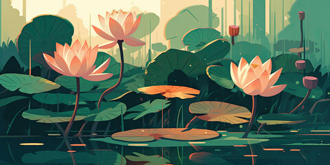 Lotus - Minimalistic flat design illustration. Image for a wallpaper, background, postcard or poster. Generative AI