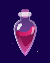 Witch Potion In Flask Concept. Alchemy And Magic, Witchcraft, Sorcery. Mystic And Esoteric. Poster Or Banner For Website. Cartoon Flat Vector Illustration Isolated On Starry Background