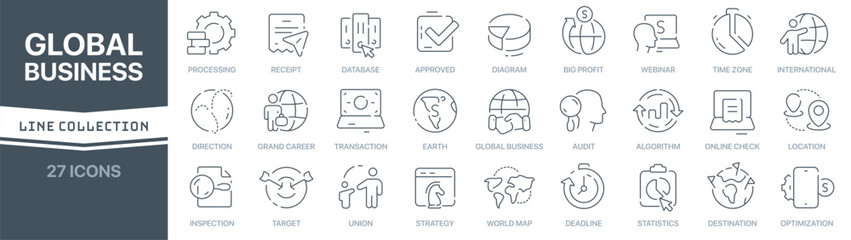 Poster - Global business linear signed icon collection. Signed thin line icons collection. Set of global business simple outline icons