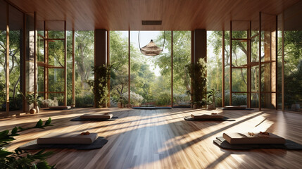 A nature-inspired yoga studio with natural wood finishes, large windows overlooking a serene garden, and living plant walls, providing a tranquil and grounding environment Generative AI