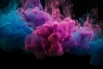 Paint water, Color mist, Magic spell mystery, Blue pink contrast vapor floating splash cloud blend on dark black abstract art background