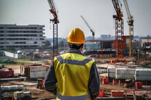 Construction Site Safety: Rear View Of Engineer In Full PPE Monitoring Progress