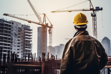 Building Construction: Engineer in Full PPE Observing Site with Tower Crane Background