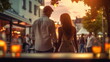 romantic couple in white clothes walk on street at summer evening ,people relax with glass of sparkling wine in street cafe ,windows light reflection ,flowers on street,generated ai