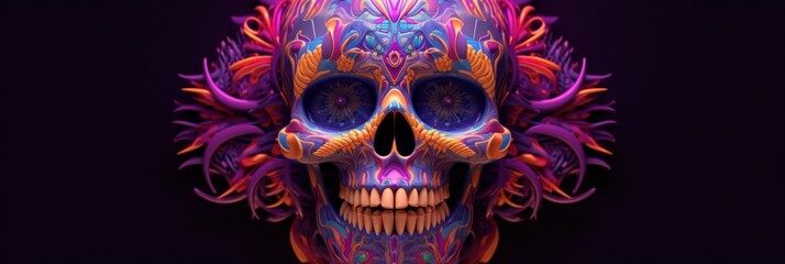 Sticker - A brightly colored skull on a black background. Generative AI image.