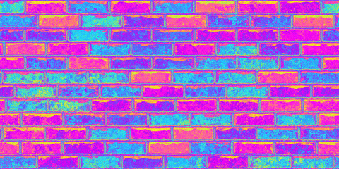 Seamless psychedelic rainbow heatmap subway brick wall pattern background texture. Trippy hippy abstract brickwork dopamine dressing style fashion motif. Bright colorful neon retro wallpaper backdrop.