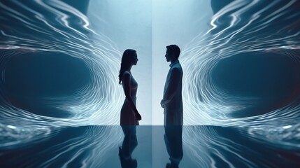 Poster - a man and woman standing in front of a water tunnel. Generative AI Art.