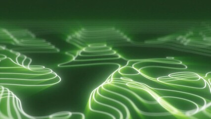Wall Mural - Abstract green looped futuristic hi-tech landscape with mountains and canyons from glowing energy circles and magic lines background
