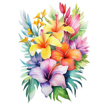 Tropical Watercolor Flowers And Greenery Clipart, Ideal For Invitations, Etc.  Ai Generated