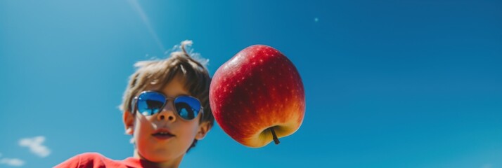 Wall Mural - A young boy with sunglasses and a red apple. Generative AI image.