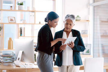 Poster - Teamwork, mentor and business women with tablet for discussion, cooperation and planning. Technology, collaboration and senior manager with female analyst for advice, training and office coaching