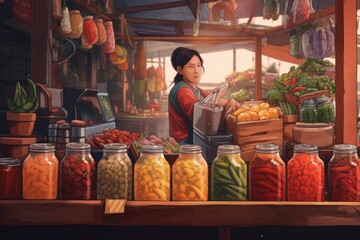 Wall Mural - A woman standing in front of a counter filled with jars of food. Generative AI image.