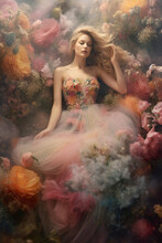 Beautiful Young Woman In Floral Dress Surrounded By Big Flowers And Mist. Dreamlike Portrait In Pastel Colours. Generative Ai Art