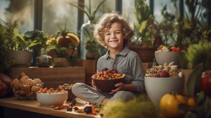 Wall Mural - A little boy sitting on a table with a bowl of food. Generative AI image.