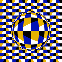 Sticker - Vibrating sphere and surface of black blue and white golden rectangles. Optical illusion illustration.