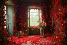Room Full Of Red Roses On Vines On The Wall