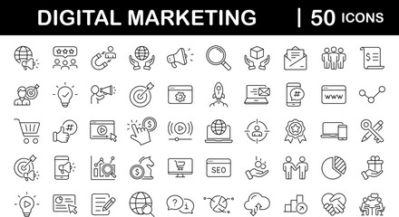 digital marketing set of web icons in line style. marketing icons for web and mobile app. communicat