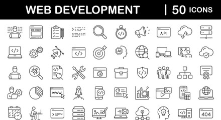 Fototapete - Web development set of web icons in line style. Developer icons for web and mobile app. Code, api, programmer coding, app, flow, node connect, web coder, bug fix and more. Vector illustration