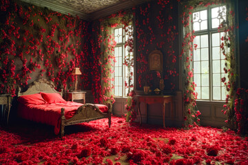 Room full of red roses on vines on the wall