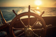 ship steering wheel, helm at sunset. Generative Ai