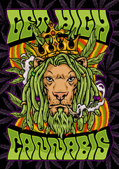 Poster - Lion smokes cannabis colorful flyer