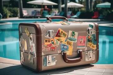 Travel Tales: A Photographic Journey Capturing a Suitcase Full of Stickers at a Holiday Resort, Amidst a Picturesque Setting of Poolside Bliss, Palm Trees, Sunny Skies, and a Lively Bar