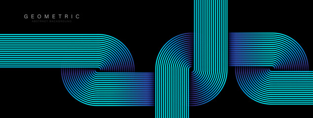 Wall Mural - Abstract blue glowing circle lines on black background. Shiny blue rounded lines. Retro style. Geometric stripe line art design. Modern futuristic concept. Vector illustration