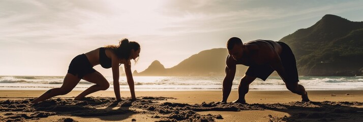 Poster - A couple of people that are standing in the sand. Generative AI image.