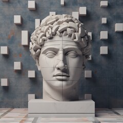 Poster - A sculpture of a man's head with a grid of cubes in the background. Generative AI image.