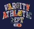 Varsity athletic department typography print  and patches vintage artwork for boy t shirt sweatshirt with applique initial font embroidery