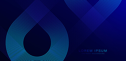 Wall Mural - Abstract shiny geometric lines on blue background. Glowing blue diagonal rounded lines pattern. Modern banner template design with space for your text. Vector illustration