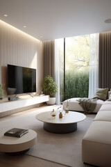 Modern living room with TV set and forest view