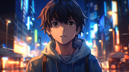 Wall Mural - Anime character boy with cityscape background