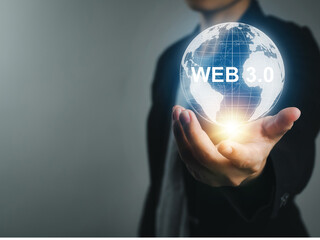 Internet web 3.0 concept. Businessman showing futuristic internet 3.0 connection virtual reality.