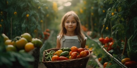 Sticker - A little girl holding a basket of tomatoes. Generative AI image.