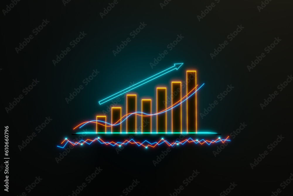 Bar graph and line moving up. Positive bar chart in yellow. Business ...